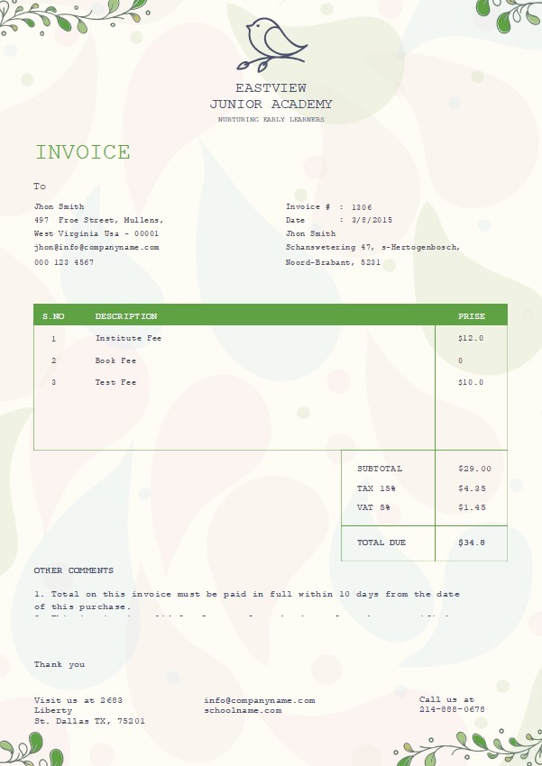 Free Kindergarten Invoice Template PSD template